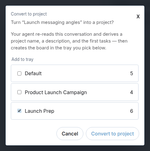The Convert to project dialog turning a qbit.me note into a project in a chosen tray.